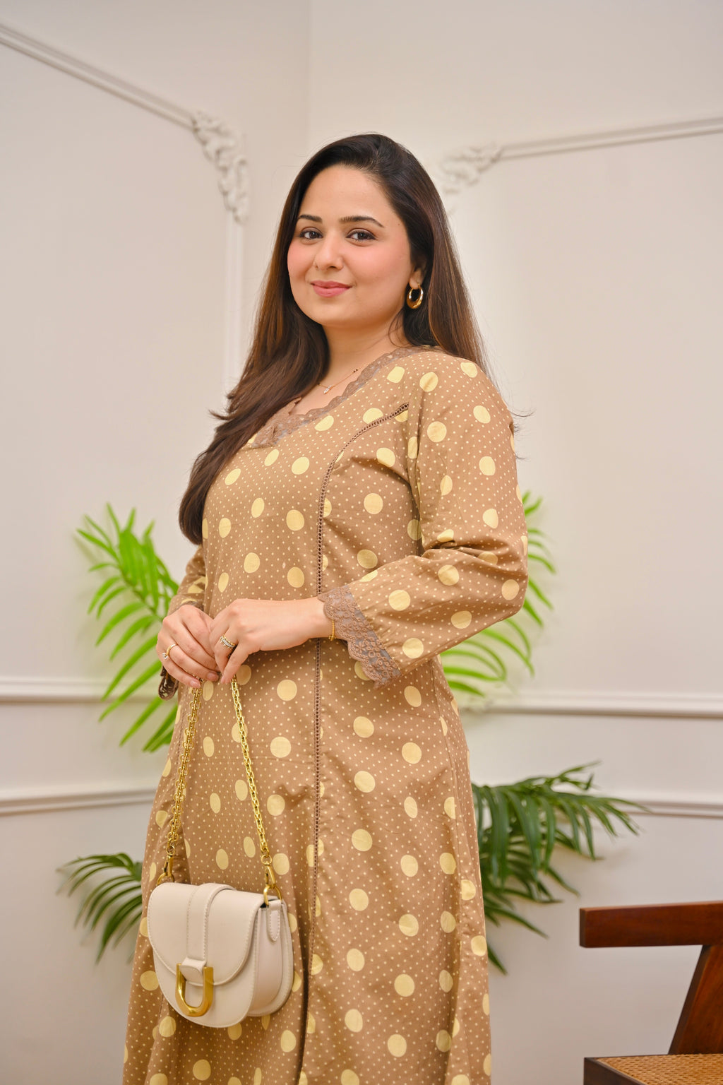 Brown Polka Dots A Line Cotton Kurta Set