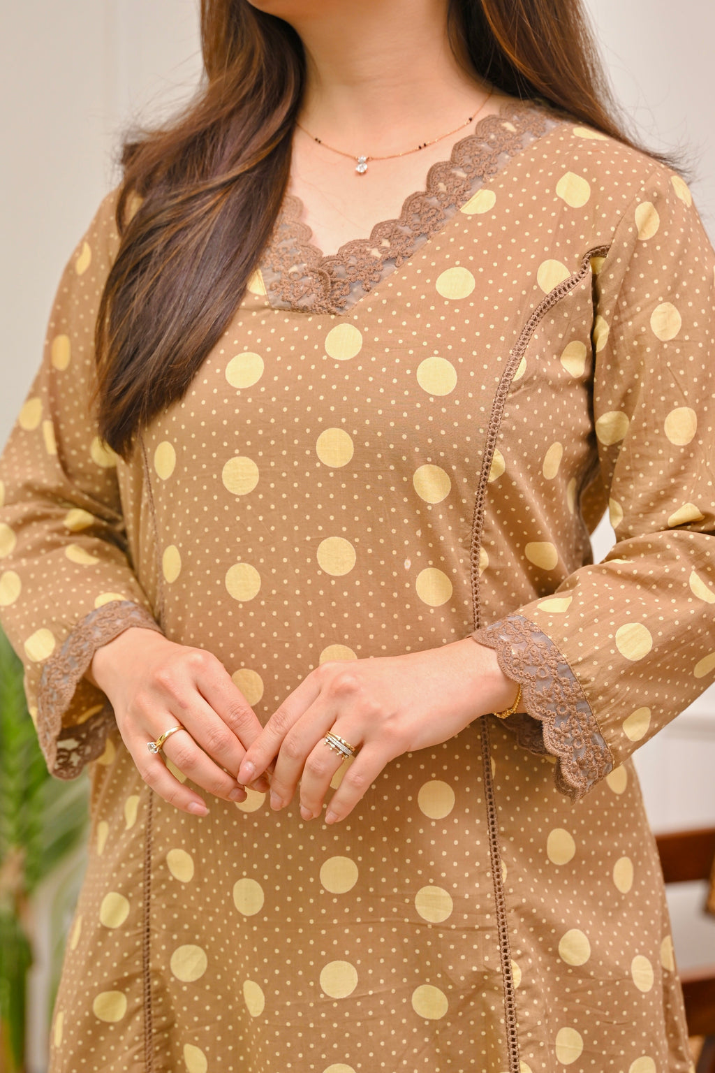 Brown Polka Dots A Line Cotton Kurta Set