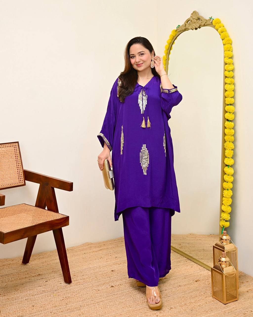Zareen Purple Natural Crepe Handwork Festive Co-ord