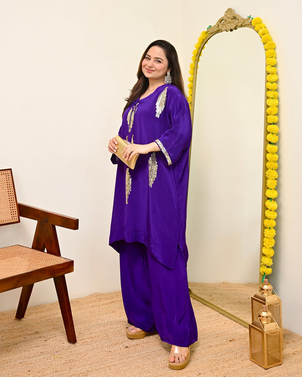 Zareen Purple Natural Crepe Handwork Festive Co-ord