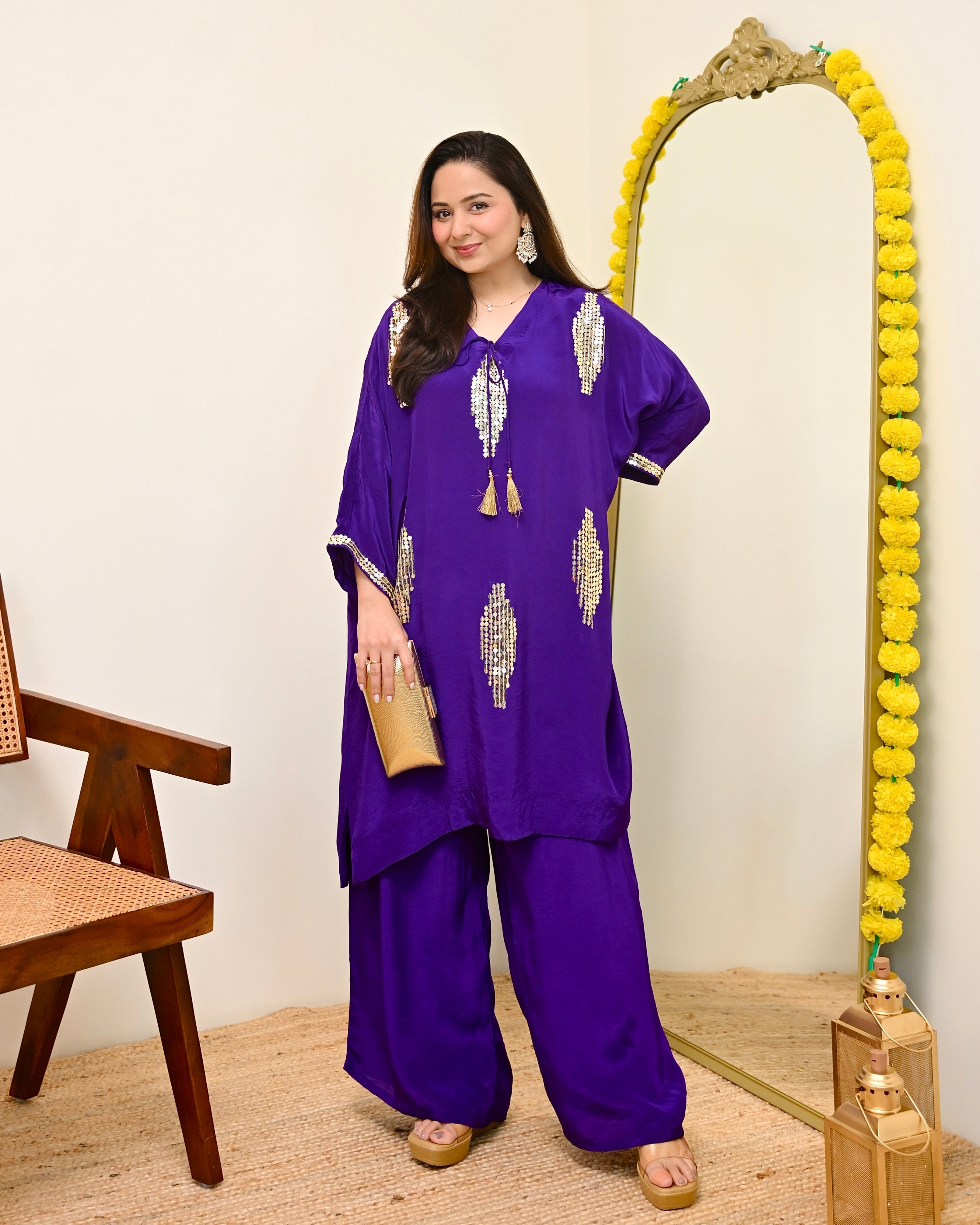Zareen Purple Natural Crepe Handwork Festive Co-ord