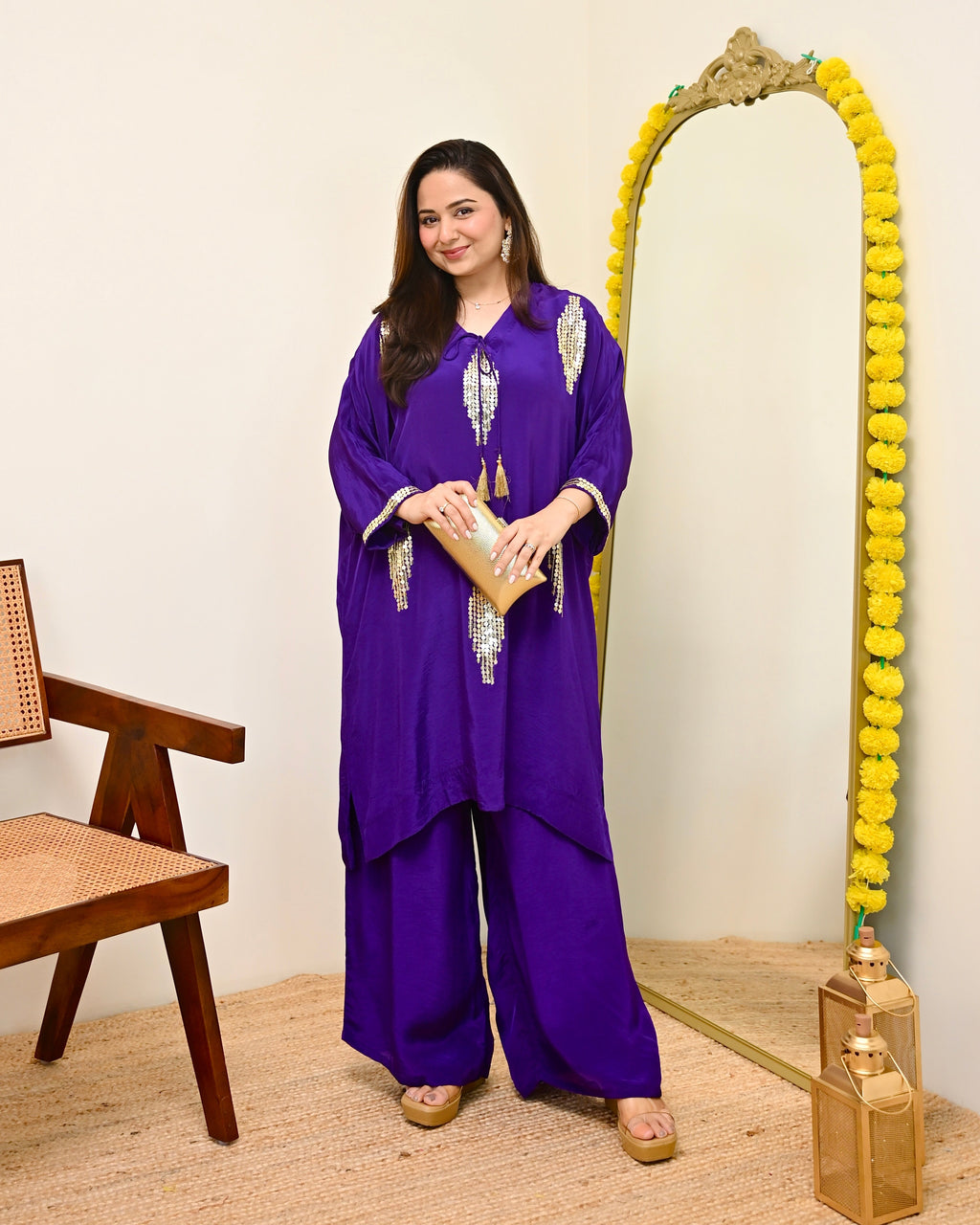 Zareen Purple Natural Crepe Handwork Festive Co-ord