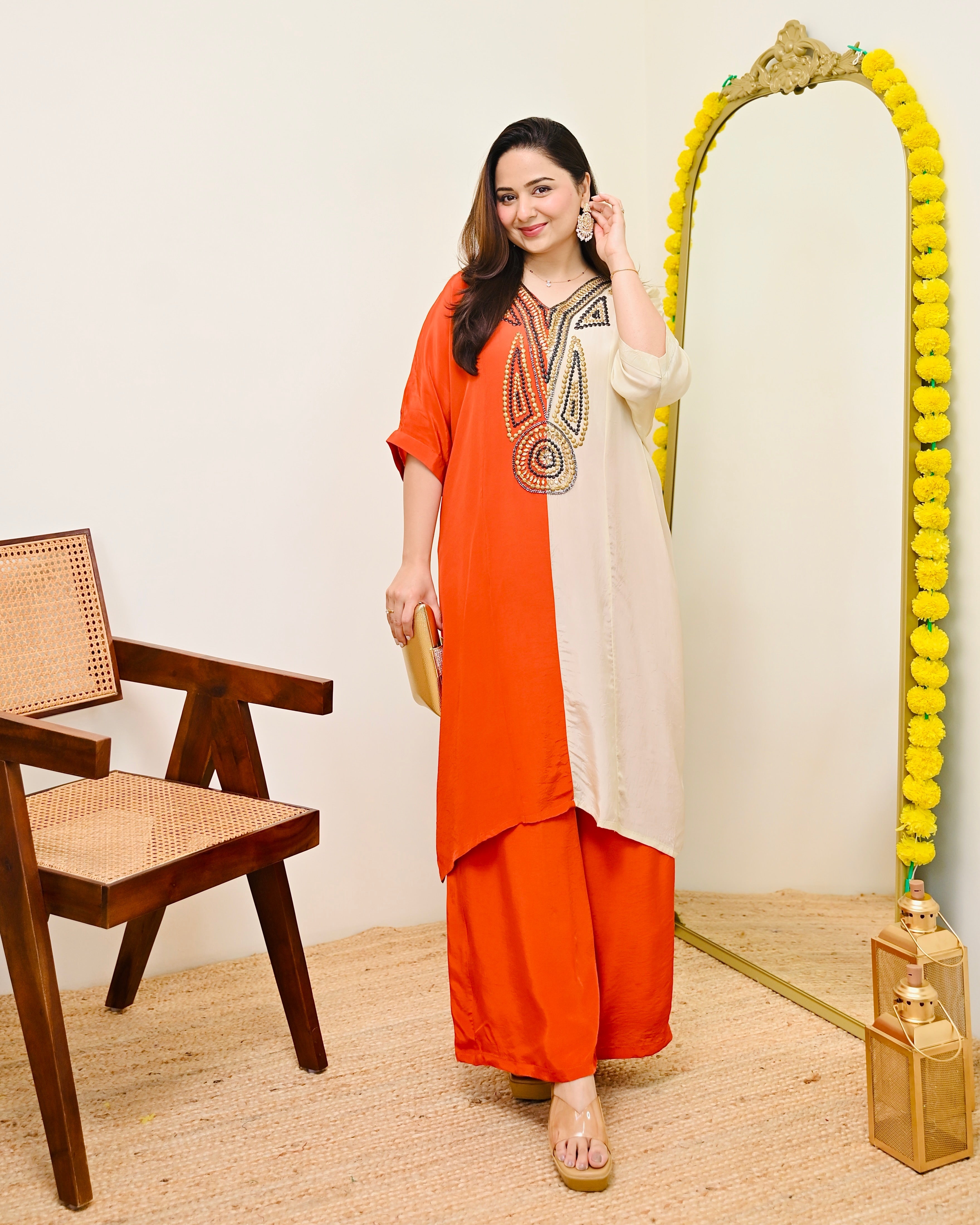 Coral Ivory Natural Crepe Handwork Co-ord