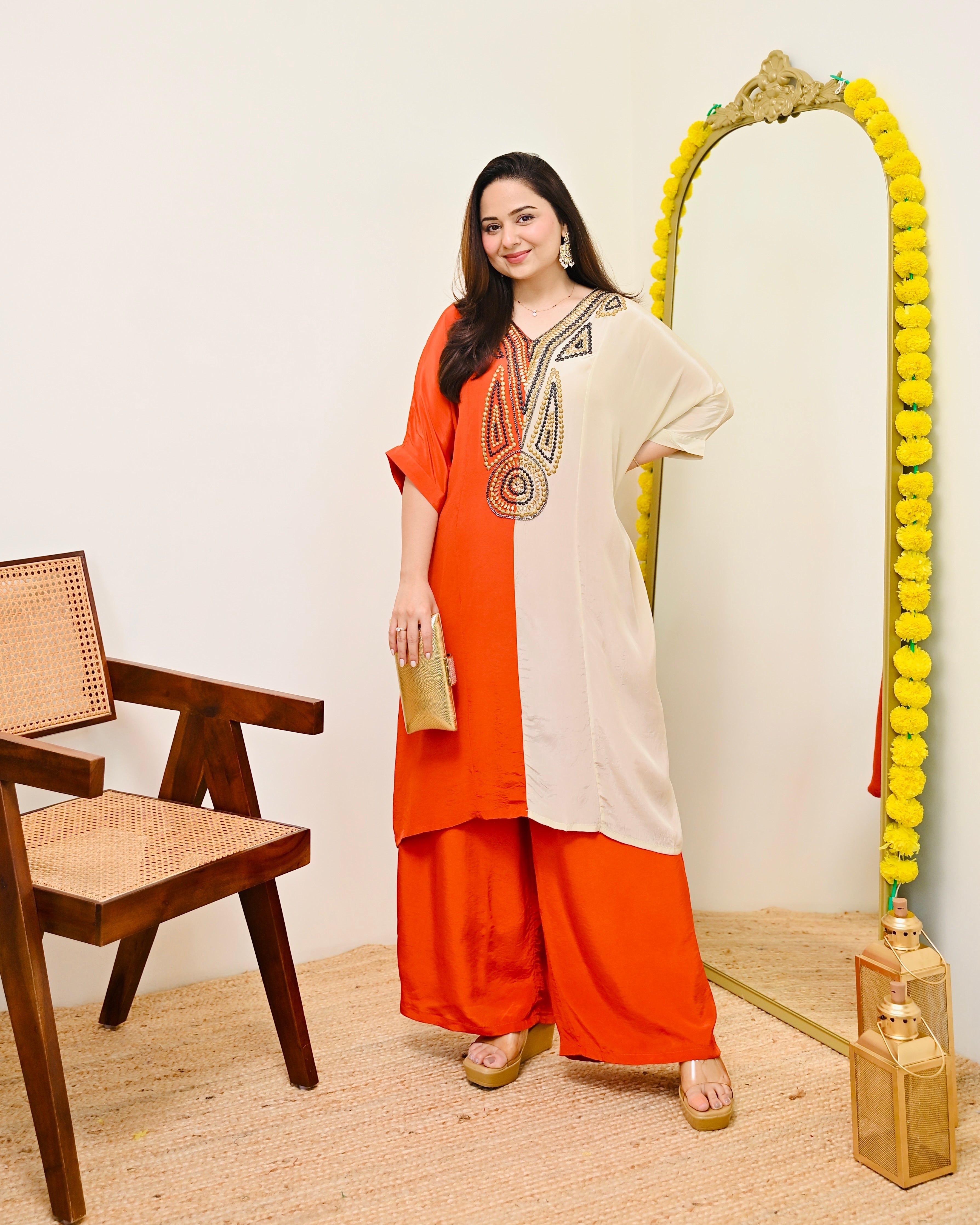 Coral Ivory Natural Crepe Handwork Co-ord