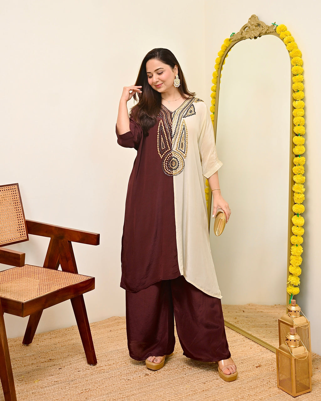 Mocha Ivory Natural Crepe Handwork Co-ord
