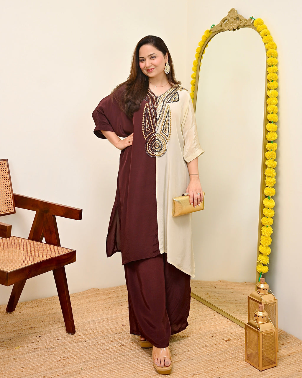 Mocha Ivory Natural Crepe Handwork Co-ord