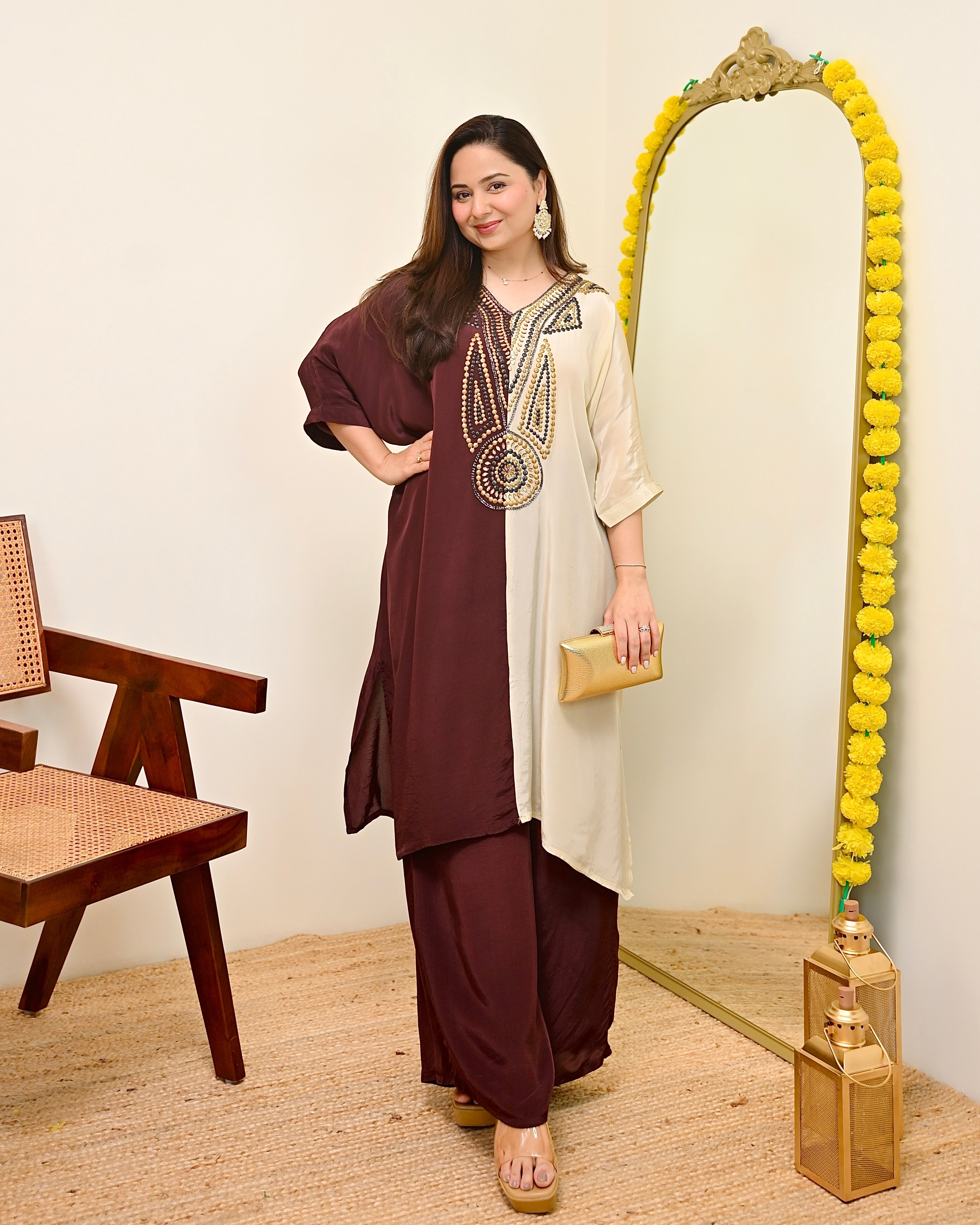 Mocha Ivory Natural Crepe Handwork Co-ord