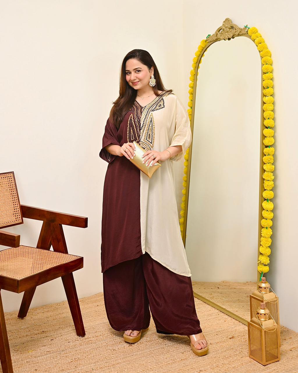 Mocha Ivory Natural Crepe Handwork Co-ord
