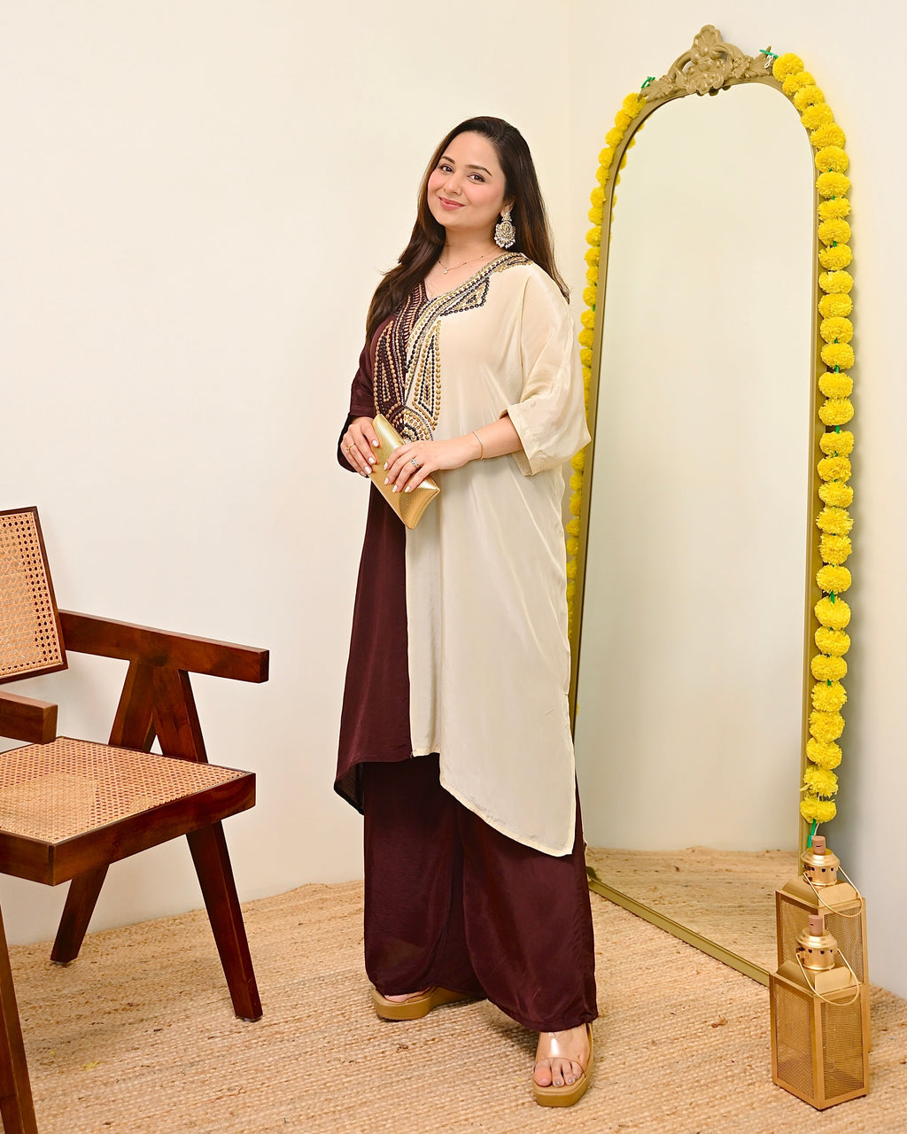 Mocha Ivory Natural Crepe Handwork Co-ord