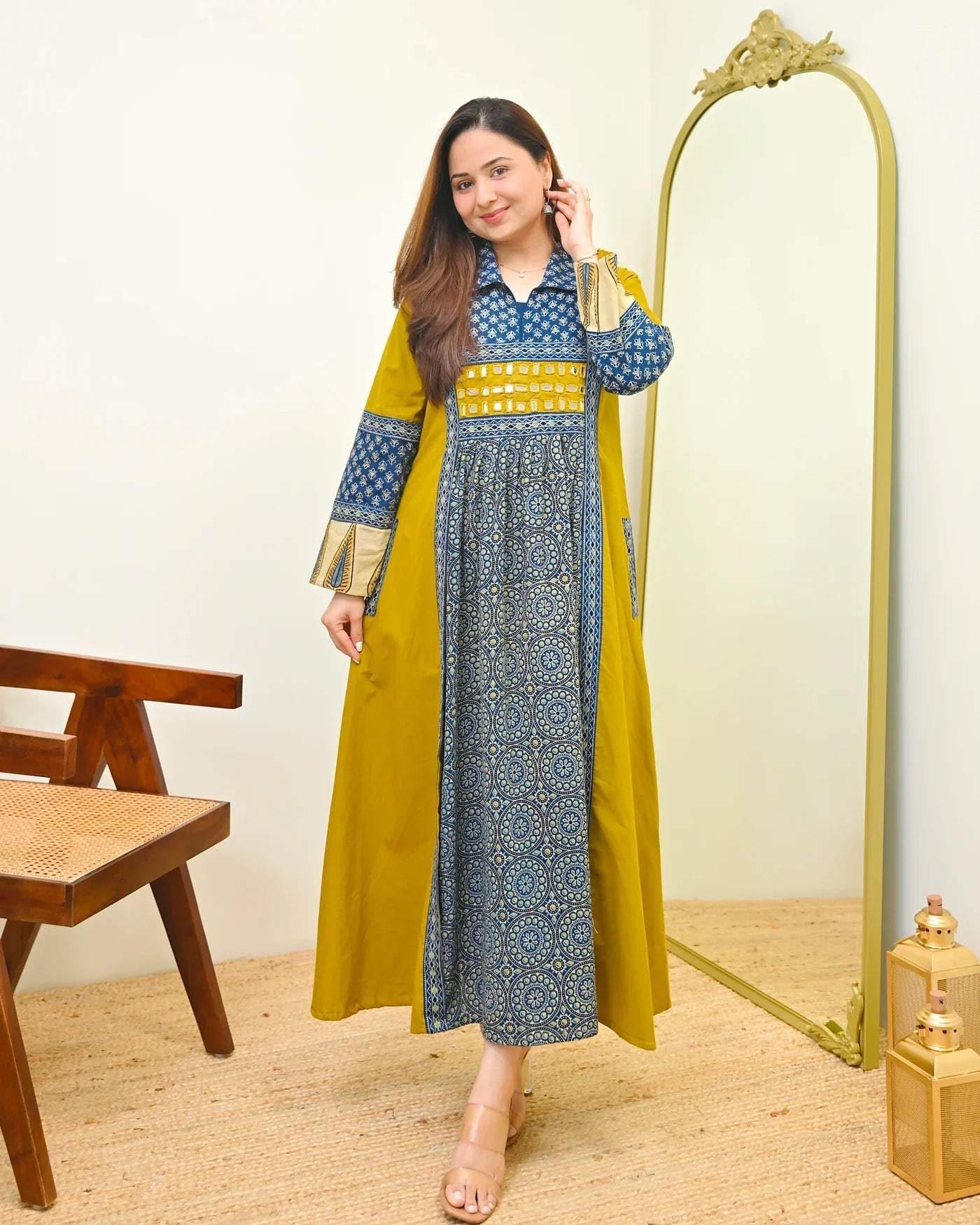 Sunlit Neel Mosaic Ajrak Mirrorwork Cotton Kurta Dress