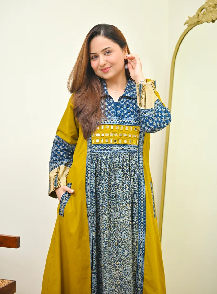 Sunlit Neel Mosaic Ajrak Mirrorwork Cotton Kurta Dress