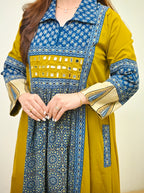 Sunlit Neel Mosaic Ajrak Mirrorwork Cotton Kurta Dress
