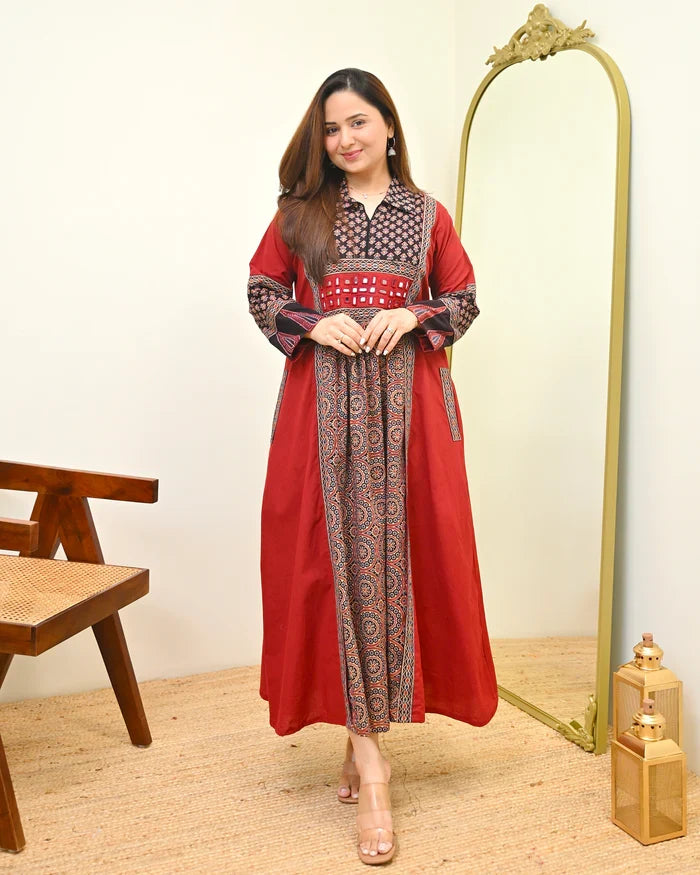 Crimson Noir Grace Ajrak Mirrorwork Cotton Kurta Dress