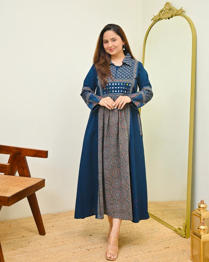 Navy Noor Saaj Ajrak Mirrorwork Cotton Kurta Dress