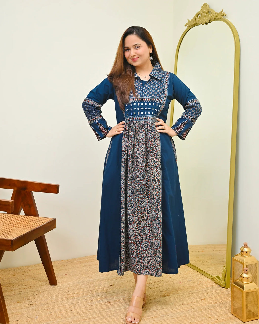 Navy Noor Saaj Ajrak Mirrorwork Cotton Kurta Dress