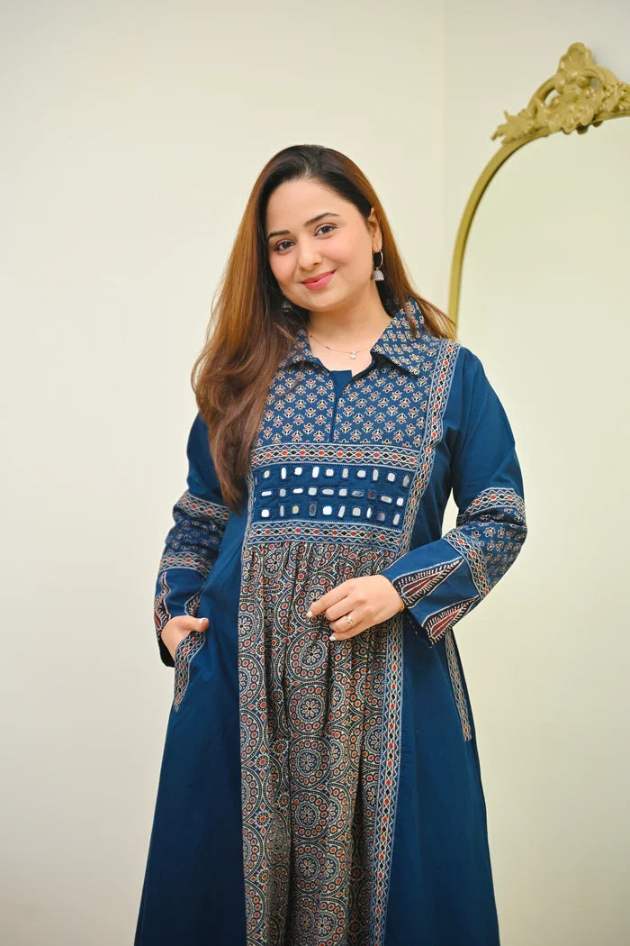 Navy Noor Saaj Ajrak Mirrorwork Cotton Kurta Dress