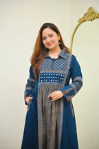 Navy Noor Saaj Ajrak Mirrorwork Cotton Kurta Dress