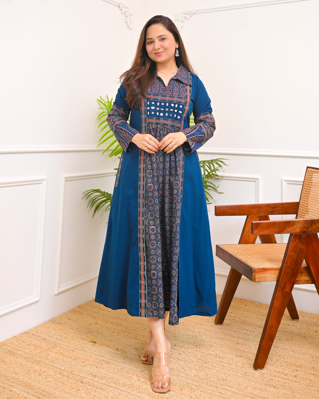 Sapphire Raas Ajrakh Mirrorwork Cotton Kurta Dress
