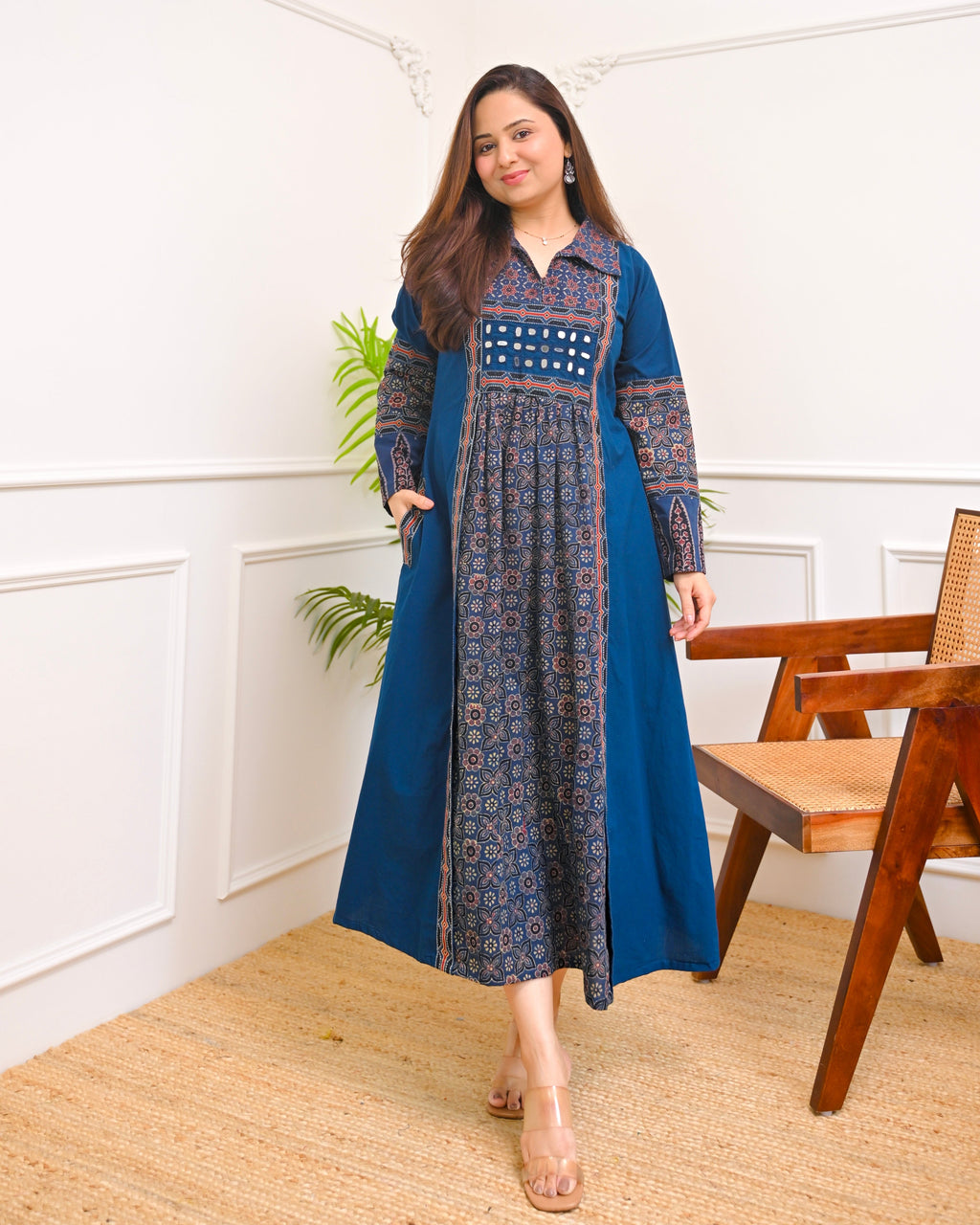 Sapphire Raas Ajrakh Mirrorwork Cotton Kurta Dress