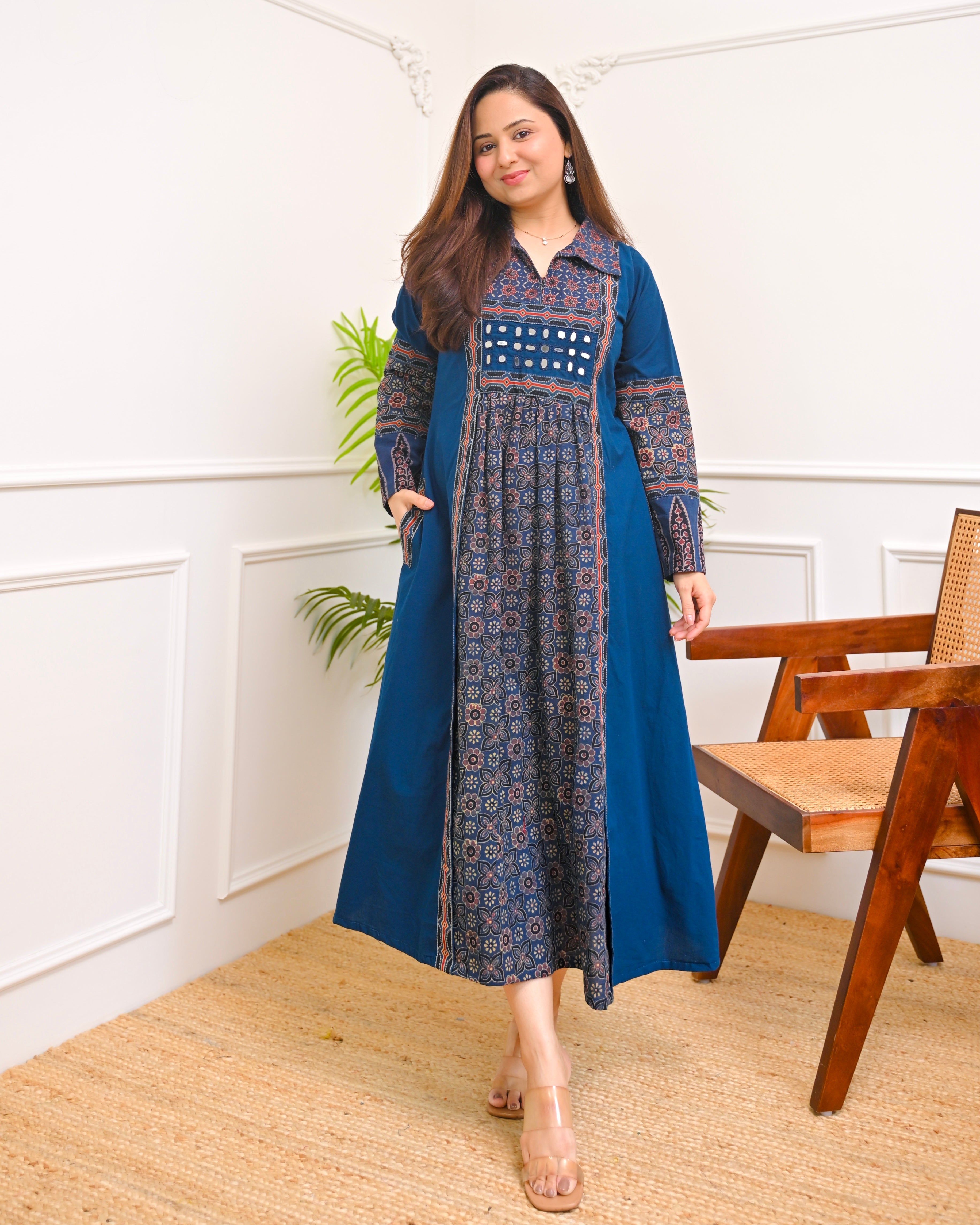 Sapphire Raas Ajrakh Mirrorwork Cotton Kurta Dress