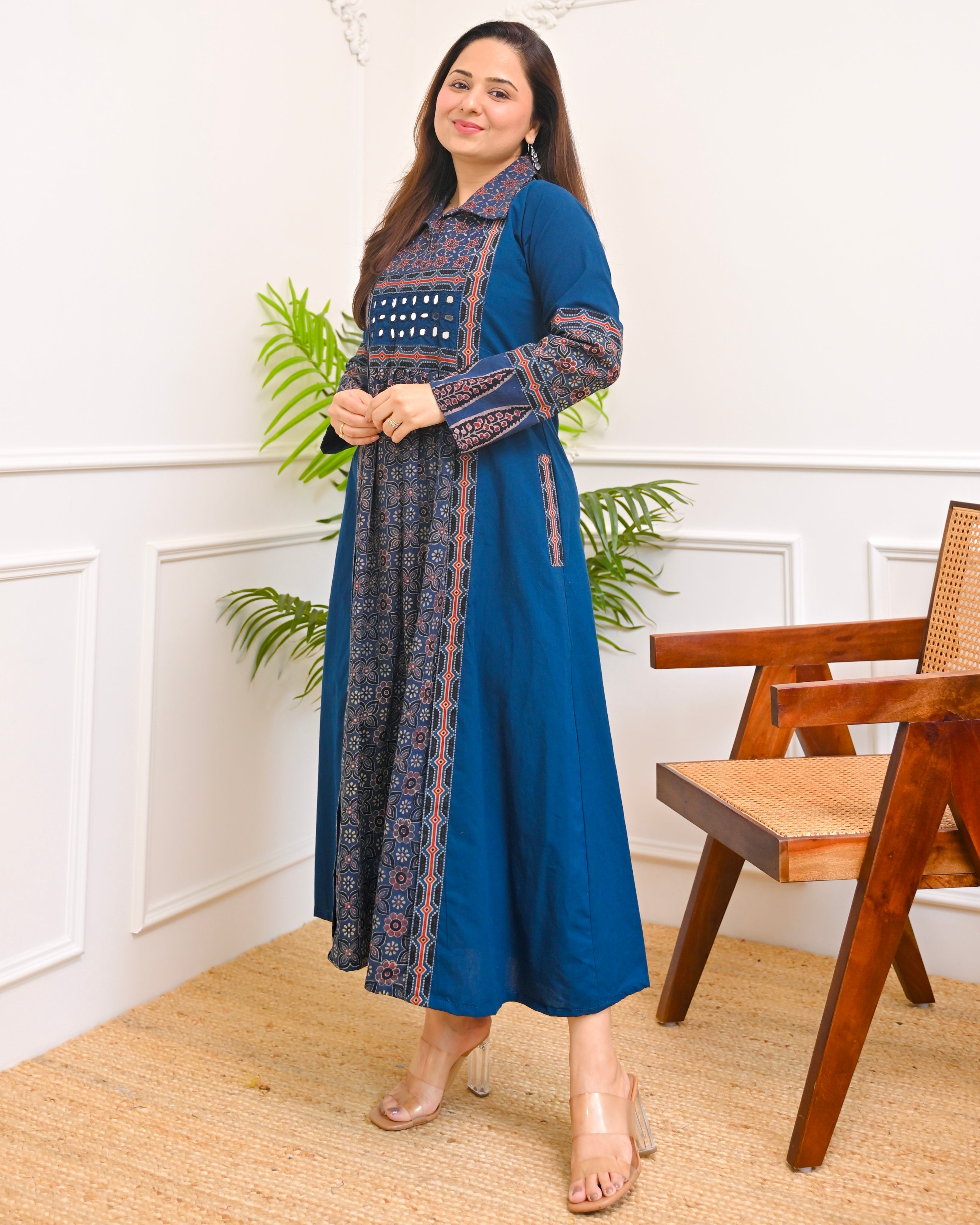 Sapphire Raas Ajrakh Mirrorwork Cotton Kurta Dress