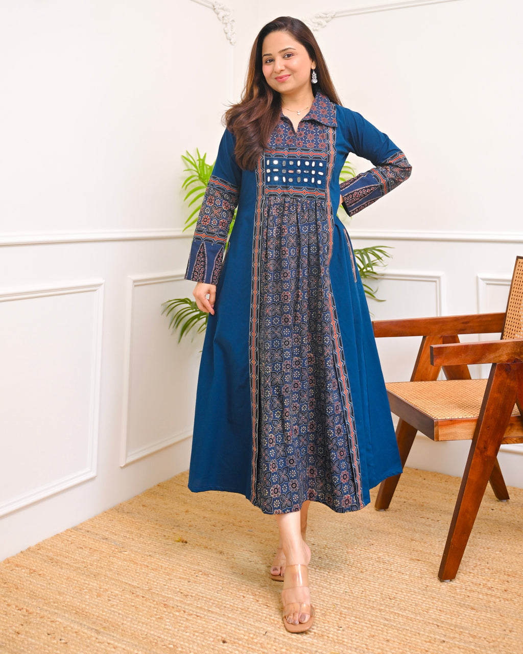 Sapphire Raas Ajrakh Mirrorwork Cotton Kurta Dress