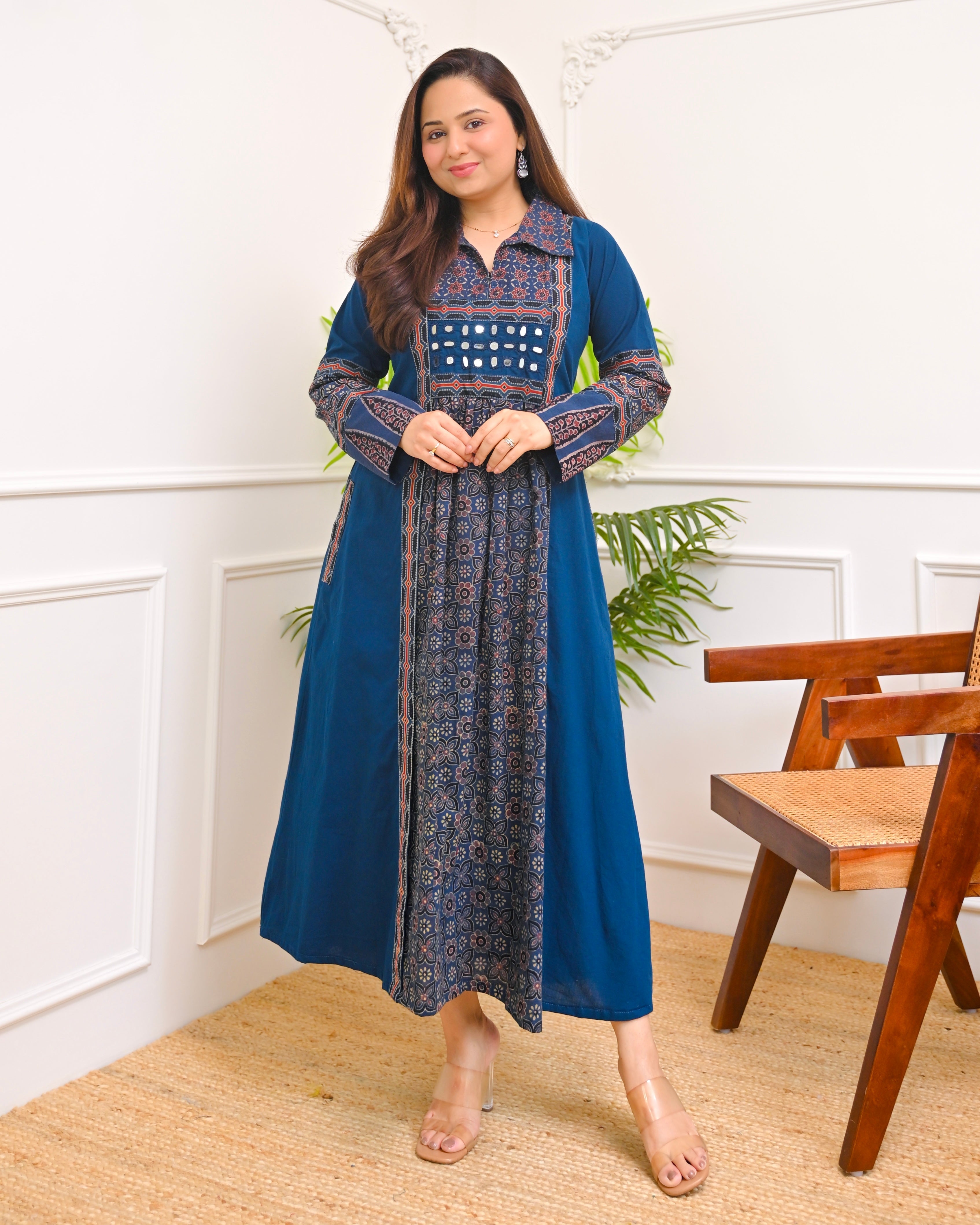 Sapphire Raas Ajrakh Mirrorwork Cotton Kurta Dress