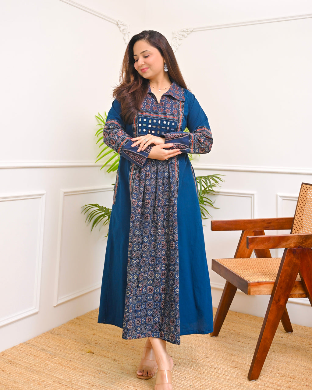 Sapphire Raas Ajrakh Mirrorwork Cotton Kurta Dress