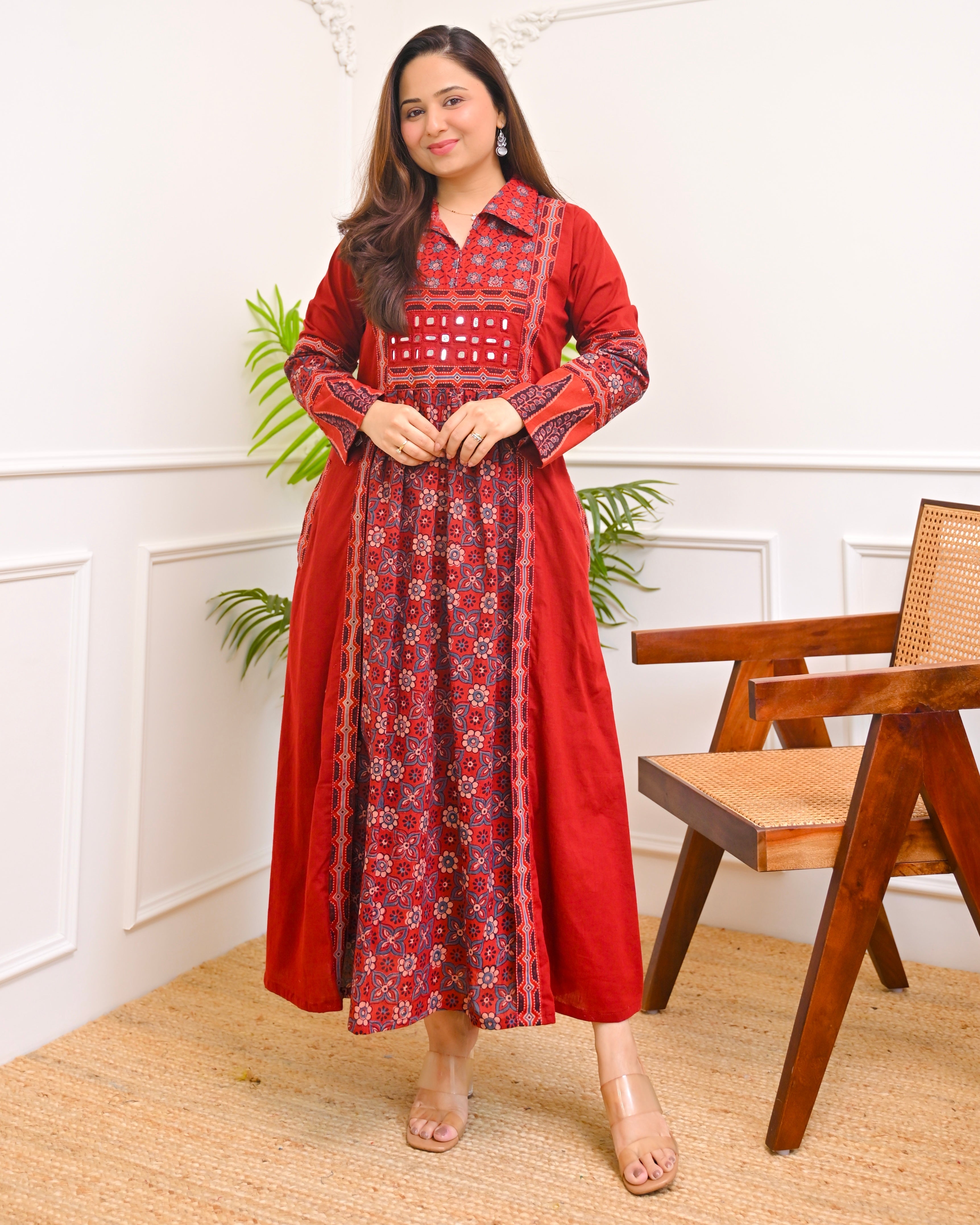Mehroon Ajrakh Mirrorwork Cotton Kurta Dress