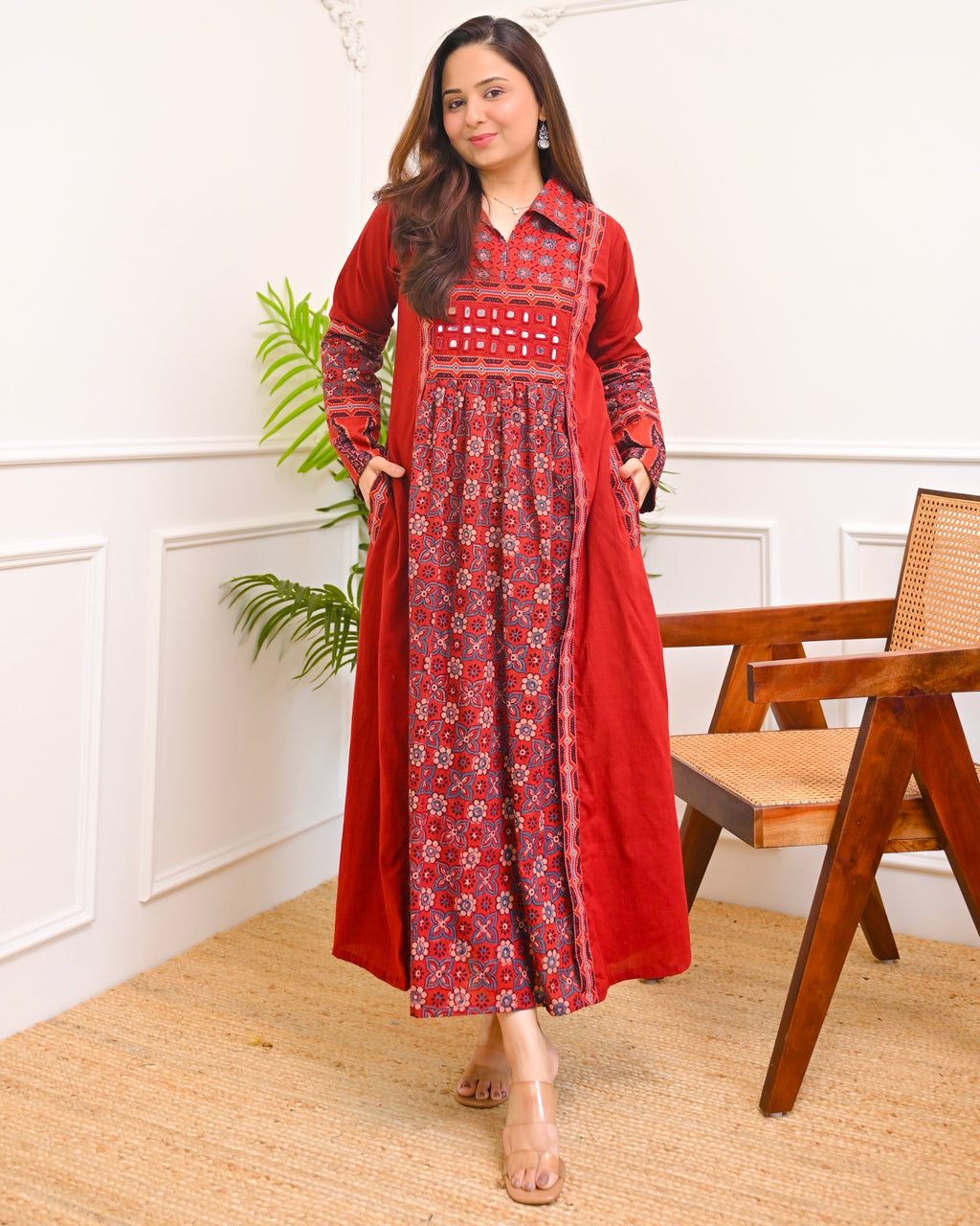 Mehroon Ajrakh Mirrorwork Cotton Kurta Dress