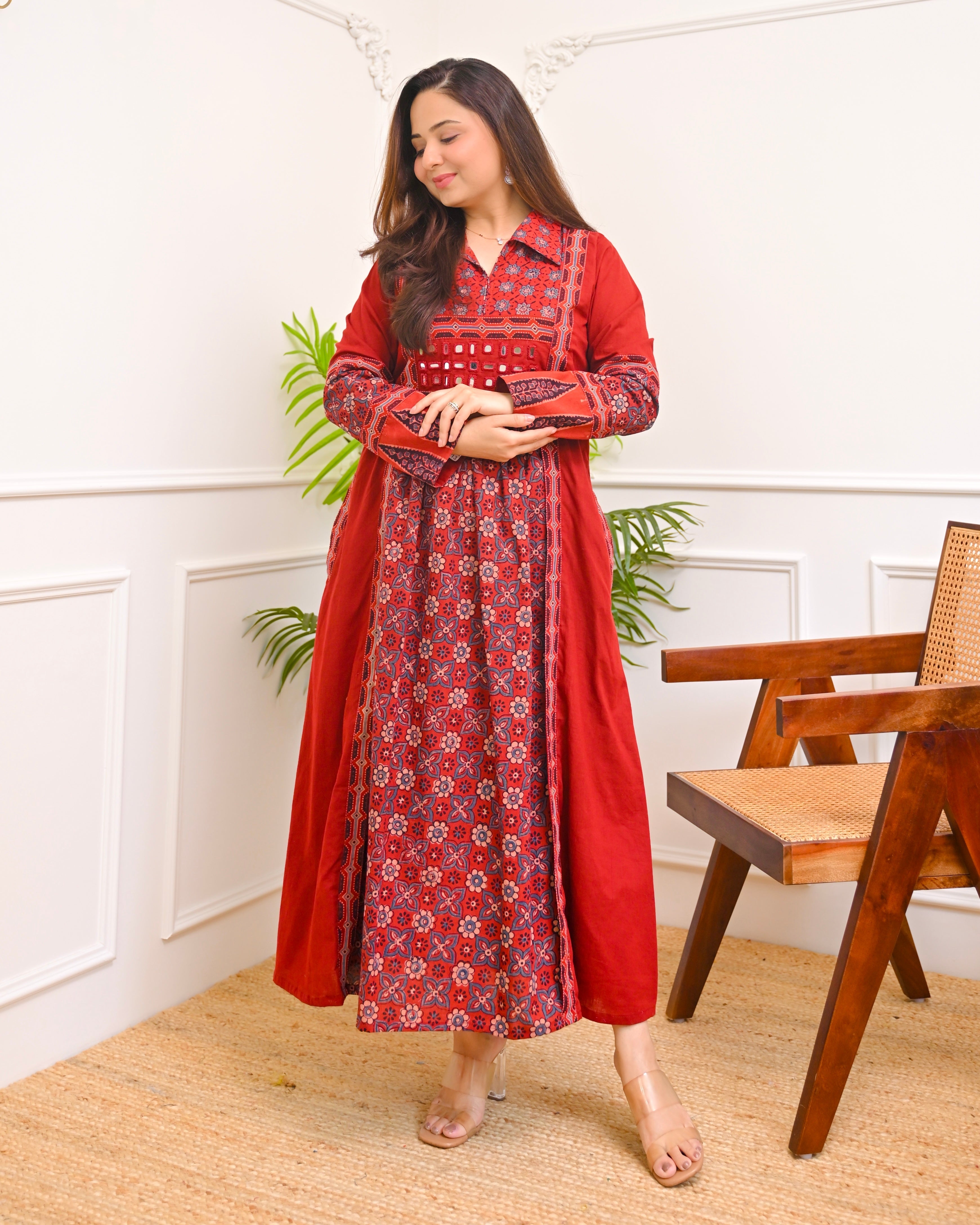 Mehroon Ajrakh Mirrorwork Cotton Kurta Dress