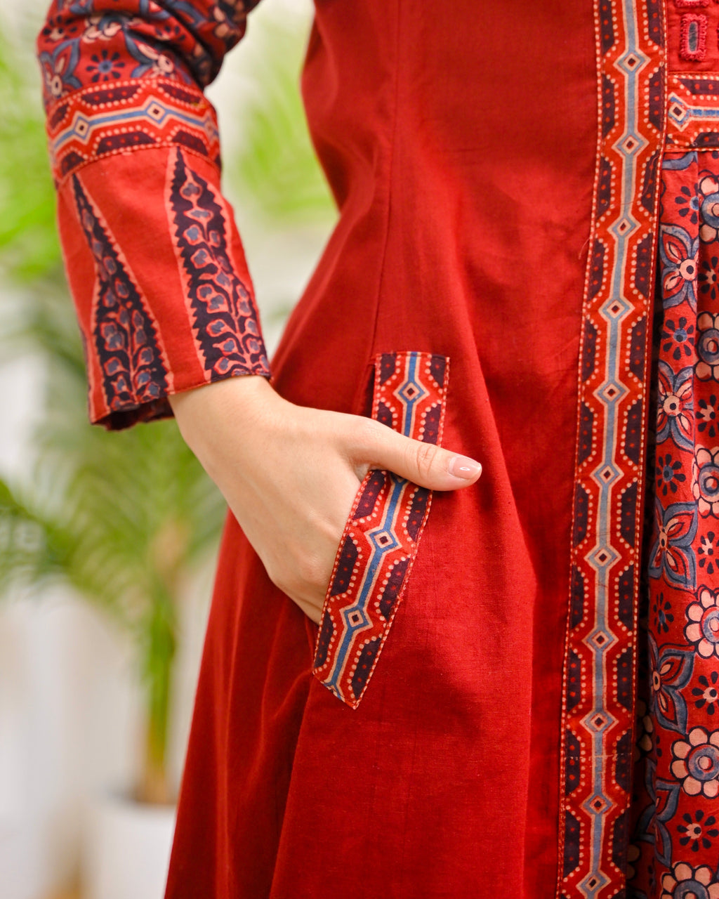 Mehroon Ajrakh Mirrorwork Cotton Kurta Dress