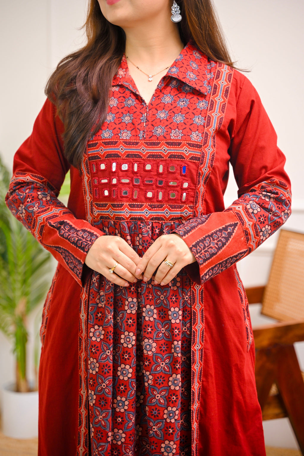 Mehroon Ajrakh Mirrorwork Cotton Kurta Dress