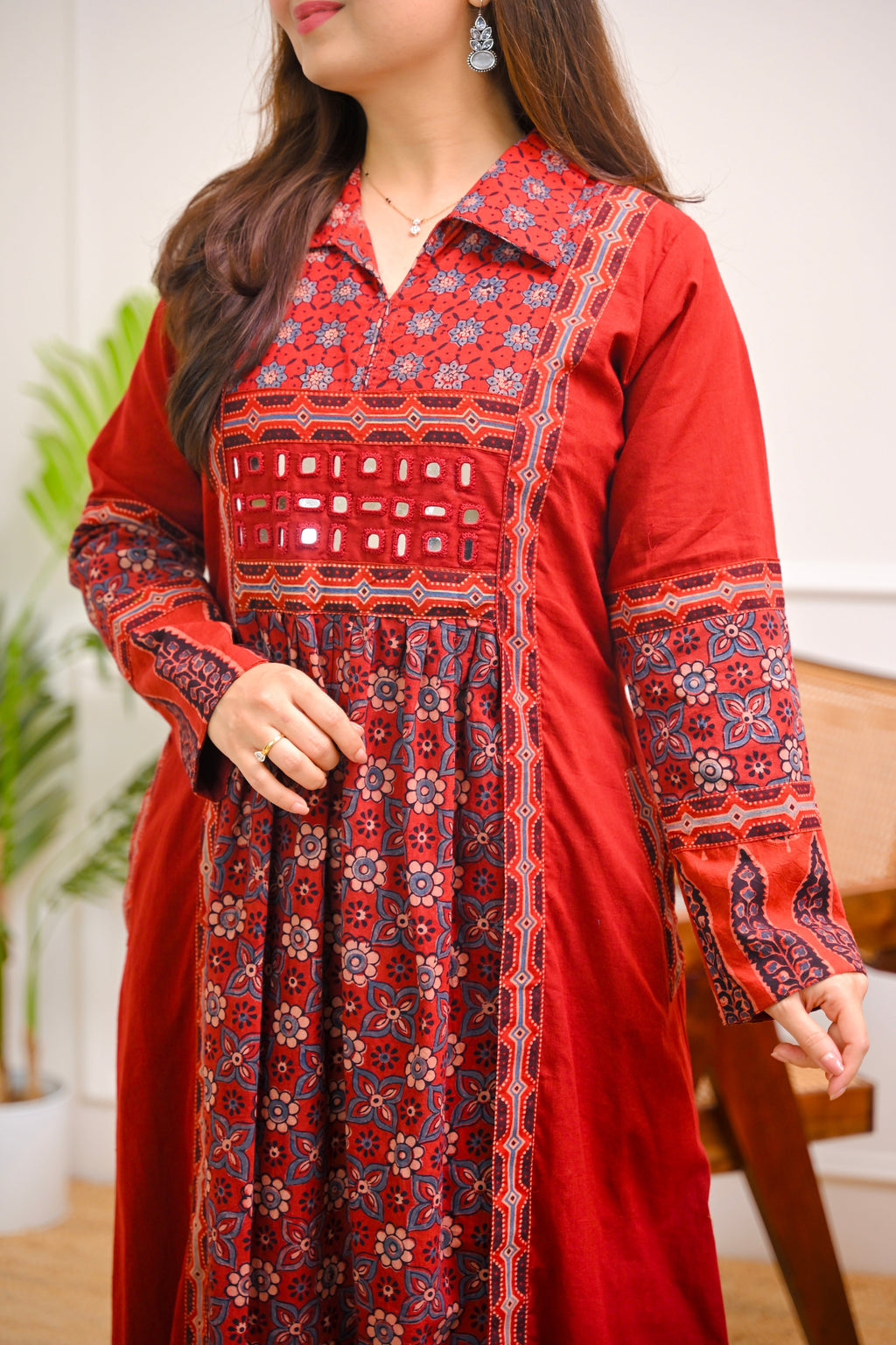 Mehroon Ajrakh Mirrorwork Cotton Kurta Dress