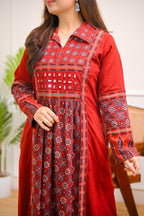 Mehroon Ajrakh Mirrorwork Cotton Kurta Dress