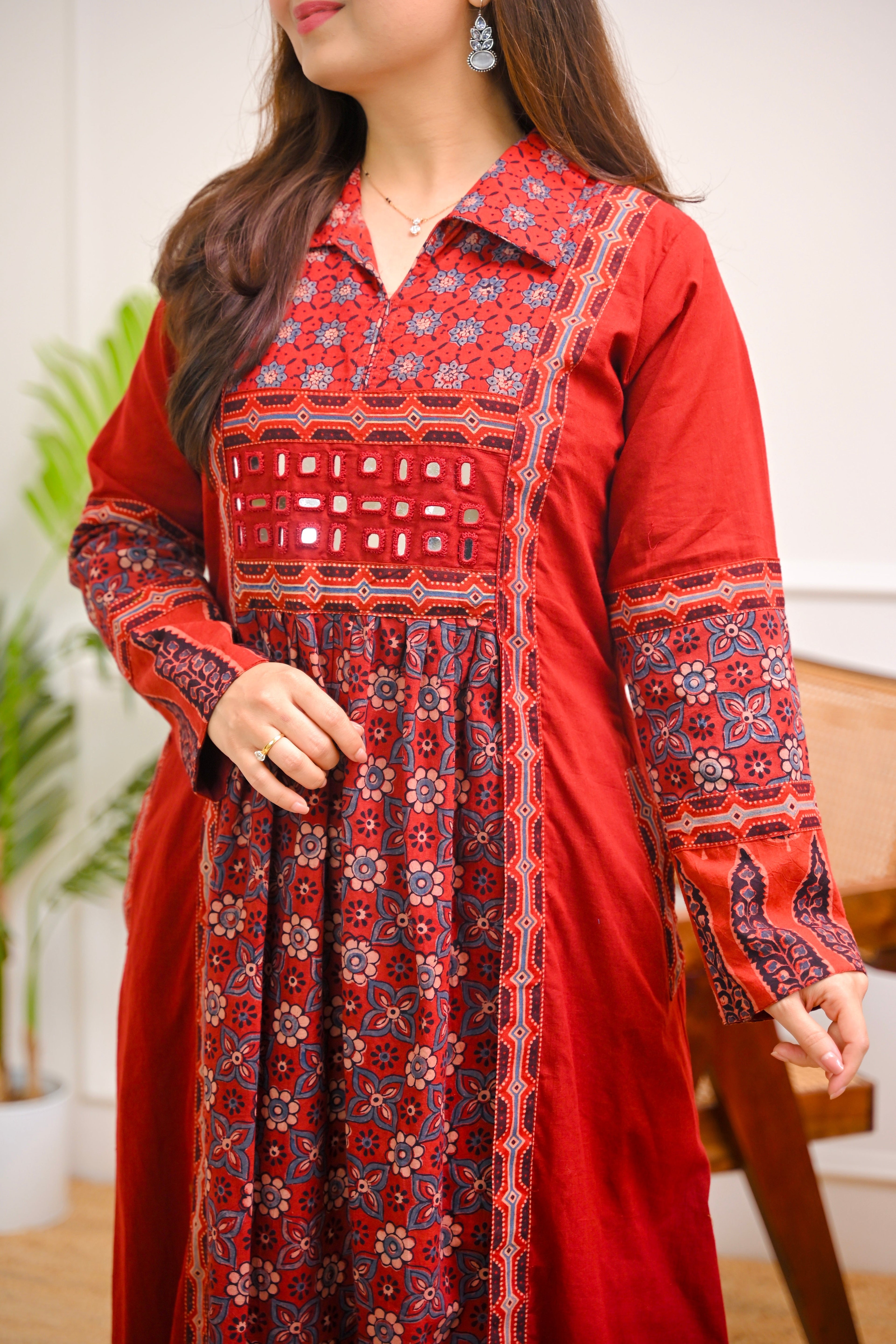 Mehroon Ajrakh Mirrorwork Cotton Kurta Dress