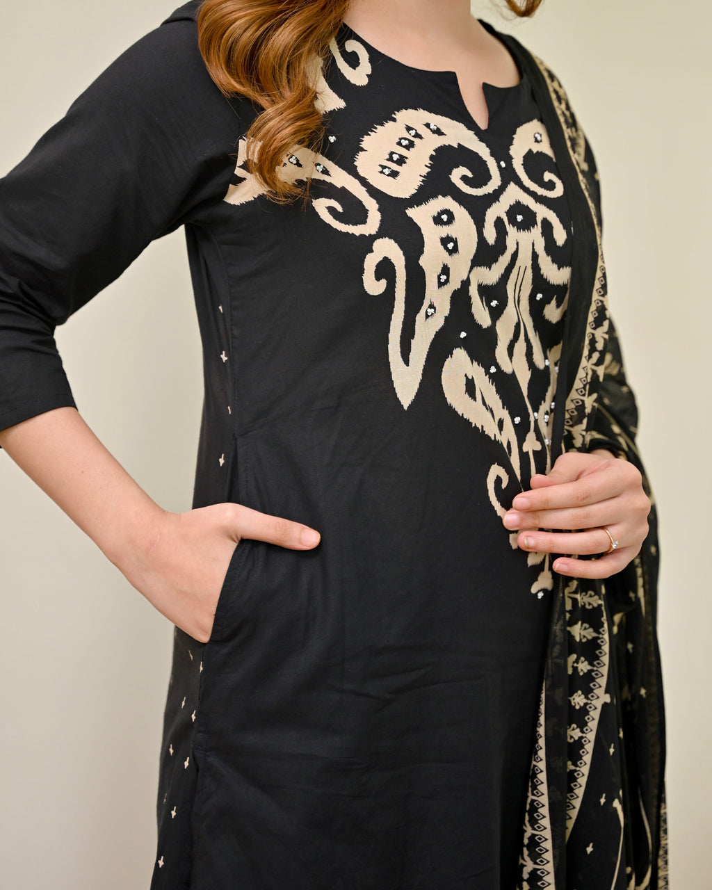 Black Kalamkari Pearl Cotton Suit