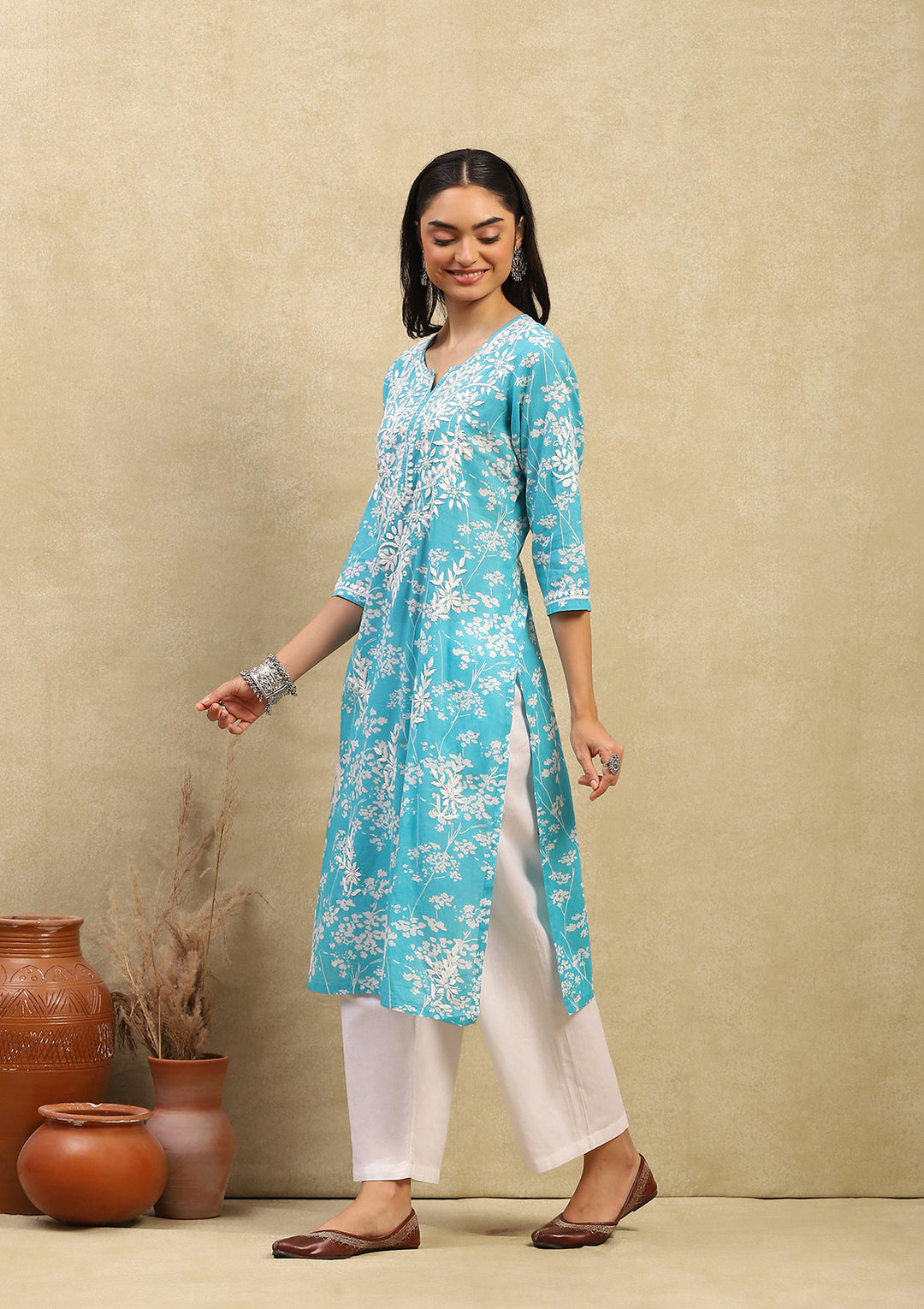 Ira Turquoise Mulmul Printed Kurta