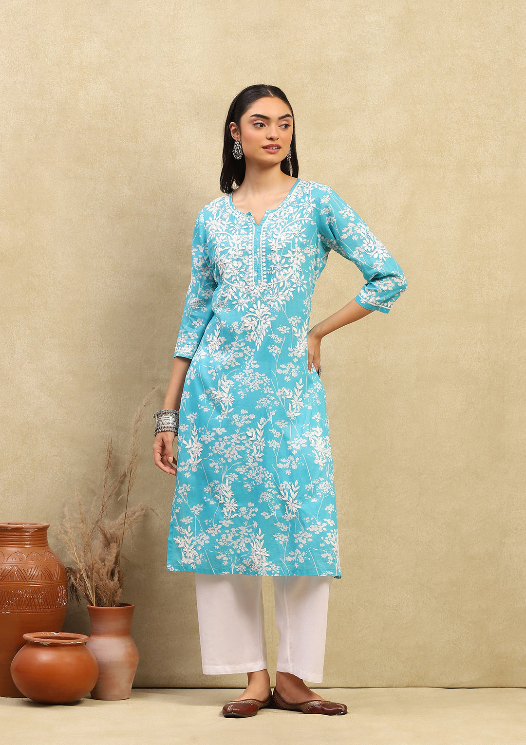 Ira Turquoise Mulmul Printed Kurta