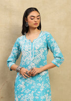 Ira Turquoise Mulmul Printed Kurta