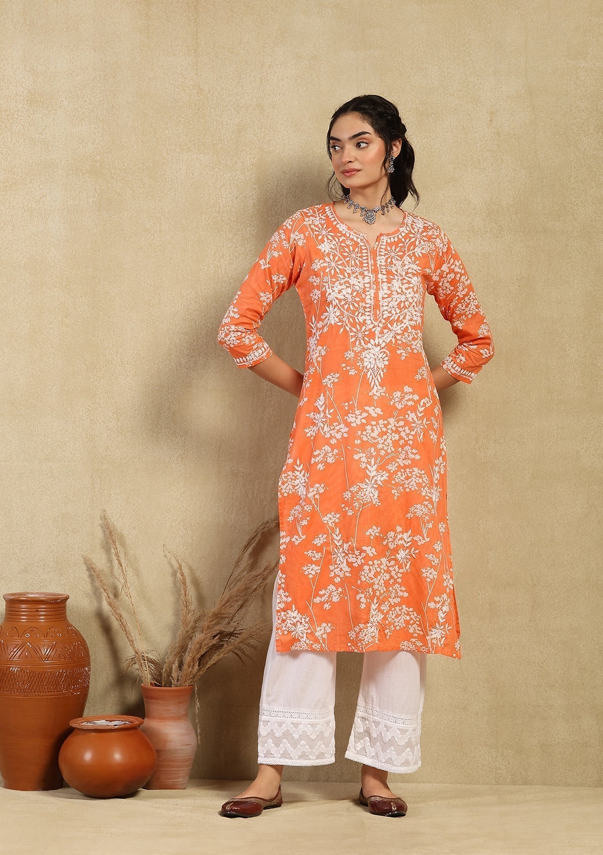 Sana Orange Mulmul Printed Kurta