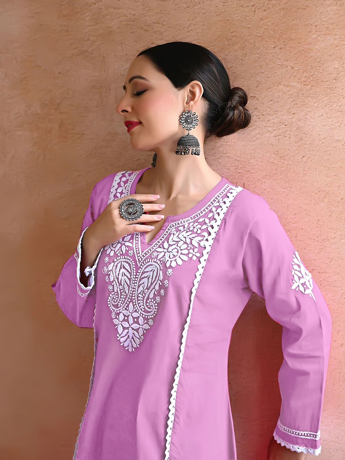 Oviya Pink Chikankari Kurti Pant Set