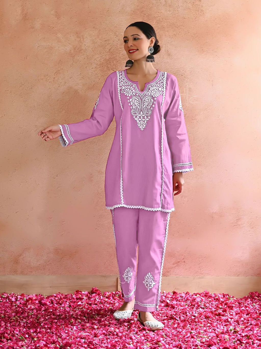 Oviya Pink Chikankari Kurti Pant Set