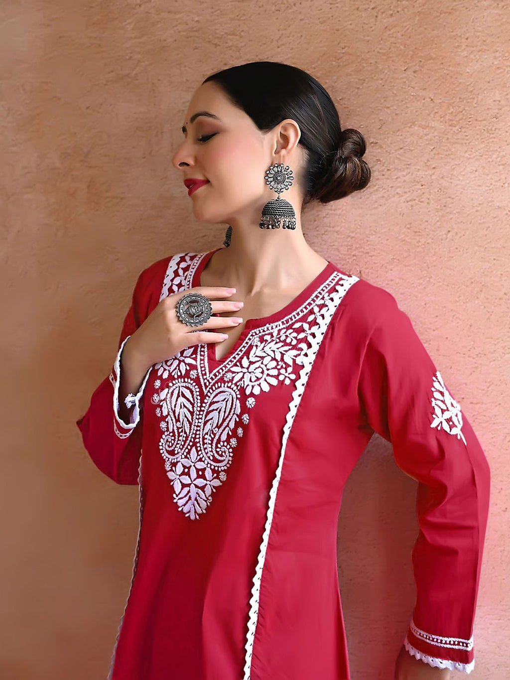 Zeenat Red Chikankari Kurti Pant Set
