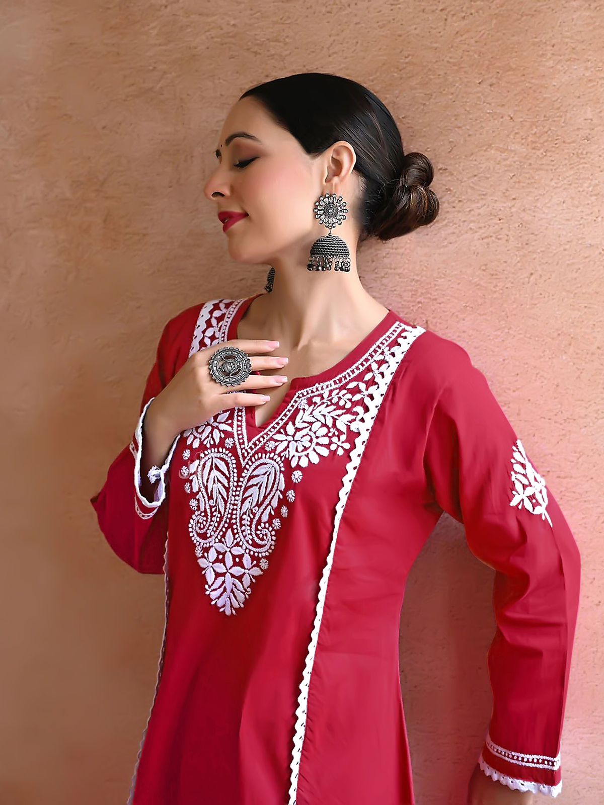 Zeenat Red Chikankari Kurti Pant Set