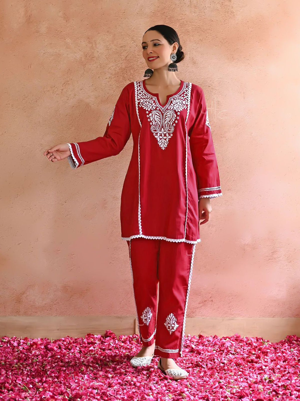 Zeenat Red Chikankari Kurti Pant Set
