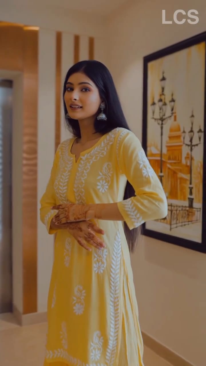 Varunika Yellow Chikankari Kurti Pant Set