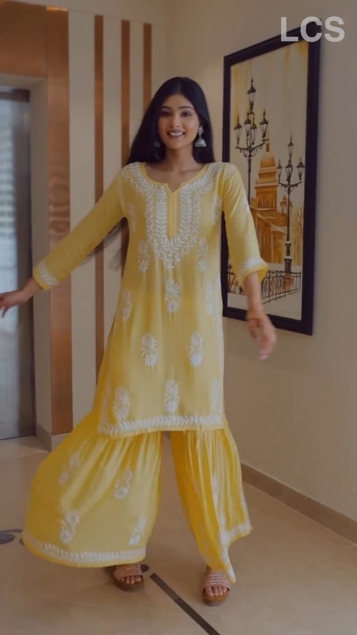 Varunika Yellow Chikankari Kurti Pant Set
