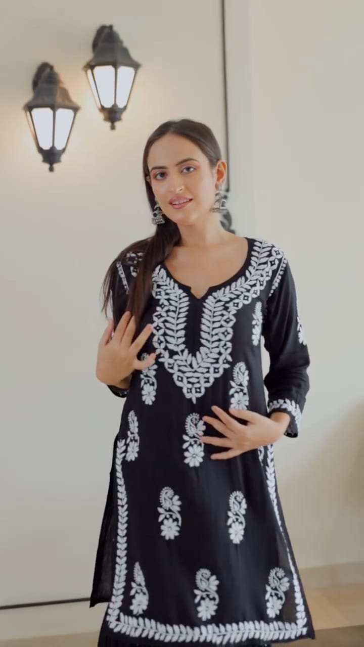 Gulnar Jet Black Chikankari Kurti Pant Set