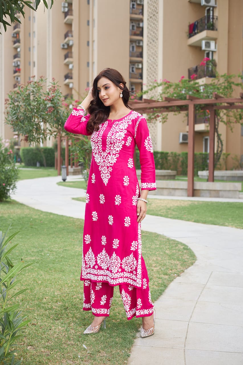 Mahika Rani Pink Lucknowi Chikankari Kurti Pant Set